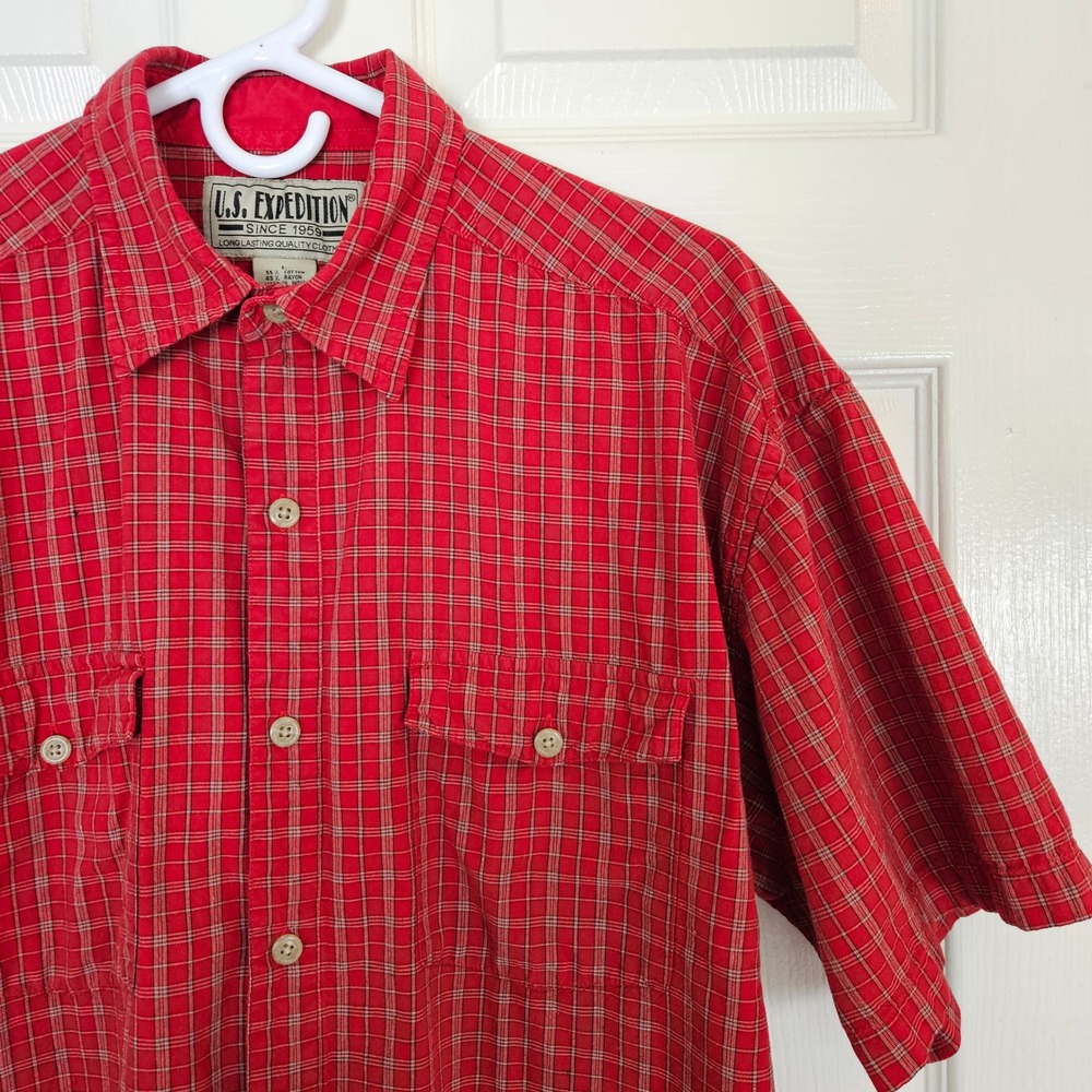 U.S. Expedition Mens Red Plaid Button Down Short Sleeve Shirt Large